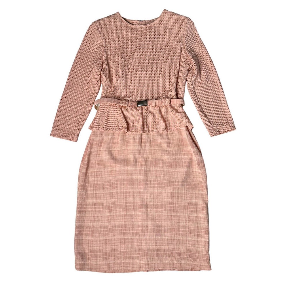 Vintage Nicole Studio New York Blush Pink Long Sleeve Belted Peplum Dress Size 6